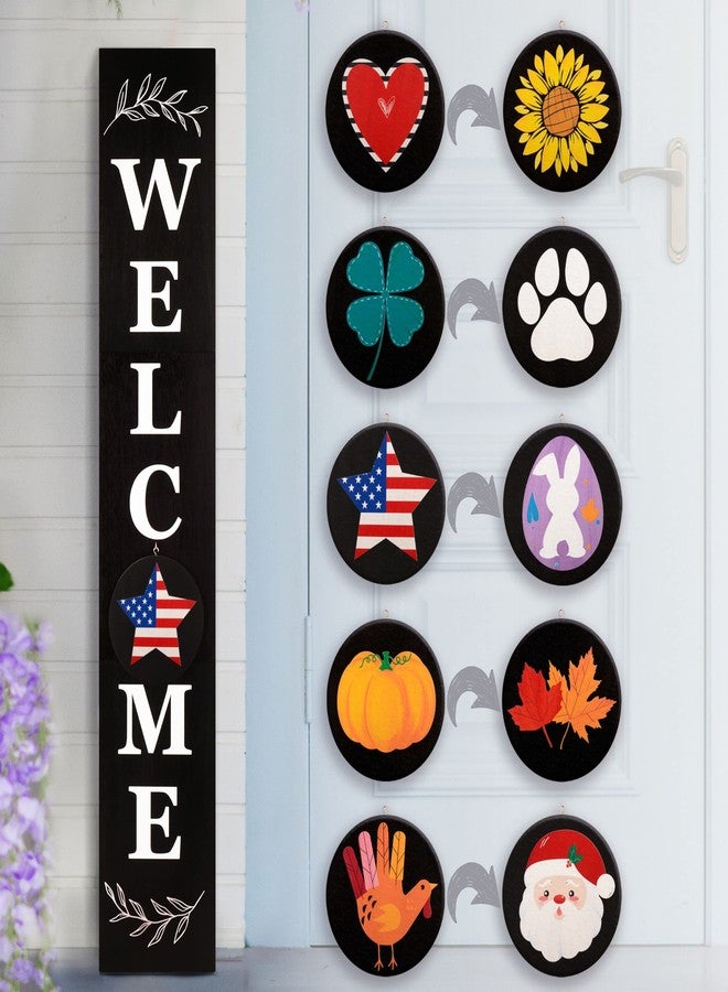 Perfnique Welcome sign for front porch standing, 47 x 7.9 Inch Wooden Leaner Sign with 10 Interchangeable Designed Icons, Seasonal Decor for Spring Easter Fall Christmas(Black) - Image 1