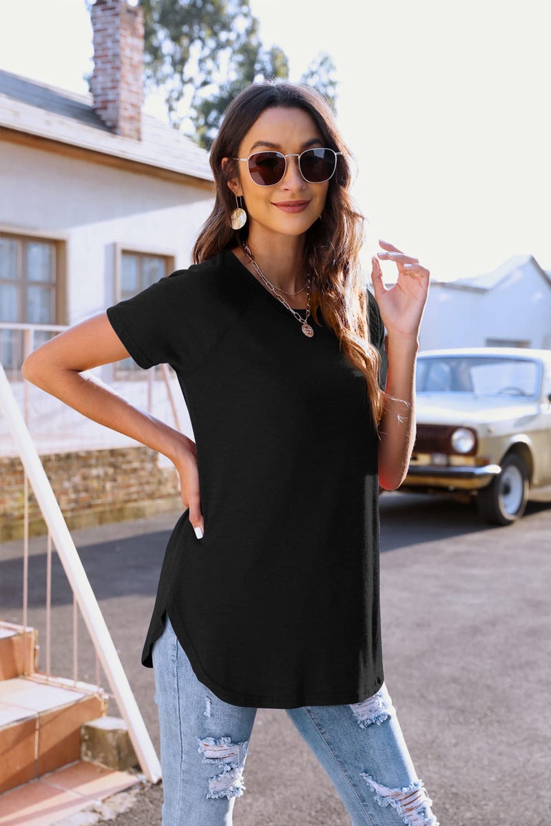 Newchoice Long Tops to wear with Leggings Short Sleeve Raglan Loose Tunic Tshirts (XL,Black) - Image 2