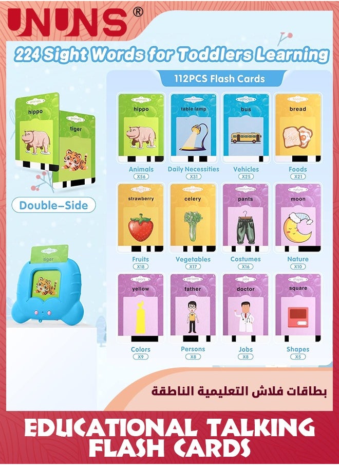 UNUNS - Educational Talking Flash Cards,112 Cards Talking Flash Cards Learning Toys For Toddlers,224 Sight Words Audible Talking Flash Cards,First Birthday Gifts For Boys Girls 1 2 3-6 Years,Tiger-Blue - Image 1