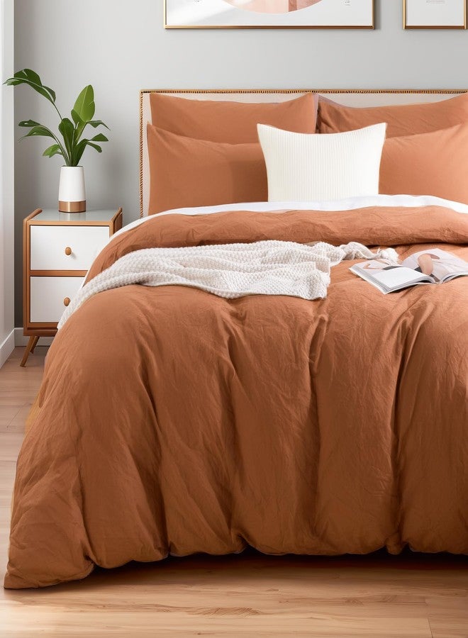 NEXHOME PRO Duvet Cover Set 100% Washed Cotton California King 104"x98", Organic Natural Linen Look Textured 3 Pieces Bedding Set Terracotta Burnt Orange with Zipper Closure, Soft(No Comforter) - Image 1