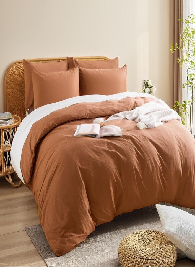 NEXHOME PRO Duvet Cover Set 100% Washed Cotton California King 104"x98", Organic Natural Linen Look Textured 3 Pieces Bedding Set Terracotta Burnt Orange with Zipper Closure, Soft(No Comforter) - Image 4