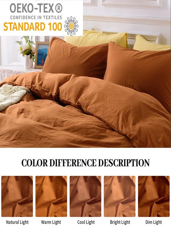 NEXHOME PRO Duvet Cover Set 100% Washed Cotton California King 104"x98", Organic Natural Linen Look Textured 3 Pieces Bedding Set Terracotta Burnt Orange with Zipper Closure, Soft(No Comforter) - Image 2
