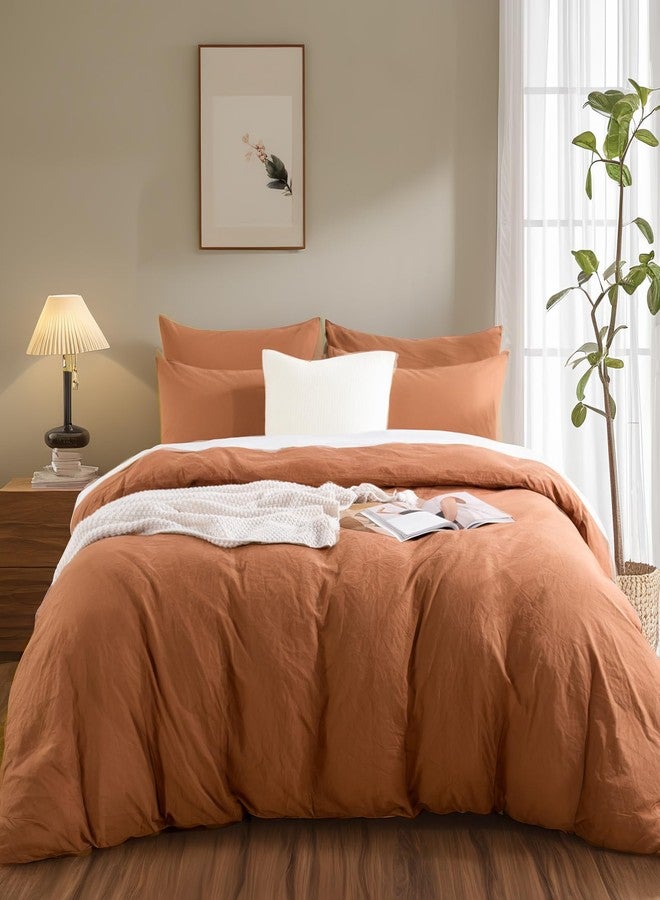 NEXHOME PRO Duvet Cover Set 100% Washed Cotton California King 104"x98", Organic Natural Linen Look Textured 3 Pieces Bedding Set Terracotta Burnt Orange with Zipper Closure, Soft(No Comforter) - Image 3