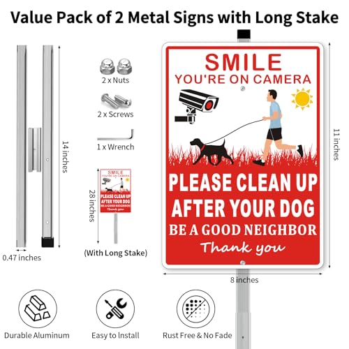 Frohllia 2 Pack Clean Up After Your Dog Signs Please Pick Up After Your Dog Sign for Yard No Pooping Dogs Signage for Yards 8x28 Heavy Duty Aluminum Weather Resistant and Easy to Install with Stake Red - Image 3