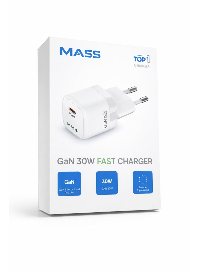 ماس شاحن حائط Mass MA-HC06 من النوع C بقوة 30 واط، شحن سريع، تحكم مُحسّن في درجة الحرارة، تصميم صغير، شحن أسرع بثلاث مرات، متوافق مع أجهزة iPhone وiPad وSamsung وPixel - أبيض - ضمان لمدة 12 شهرًا - Image 1