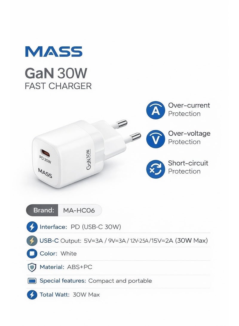 ماس شاحن حائط Mass MA-HC06 من النوع C بقوة 30 واط، شحن سريع، تحكم مُحسّن في درجة الحرارة، تصميم صغير، شحن أسرع بثلاث مرات، متوافق مع أجهزة iPhone وiPad وSamsung وPixel - أبيض - ضمان لمدة 12 شهرًا - Image 3