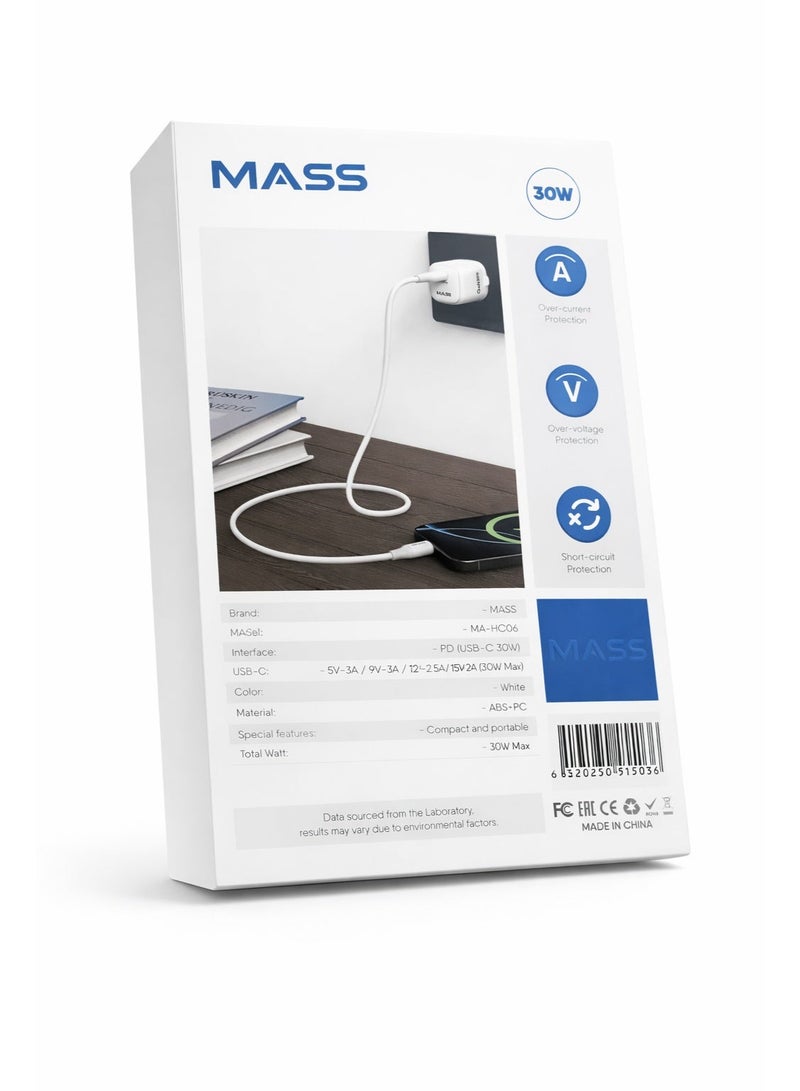 ماس شاحن حائط Mass MA-HC06 من النوع C بقوة 30 واط، شحن سريع، تحكم مُحسّن في درجة الحرارة، تصميم صغير، شحن أسرع بثلاث مرات، متوافق مع أجهزة iPhone وiPad وSamsung وPixel - أبيض - ضمان لمدة 12 شهرًا - Image 2
