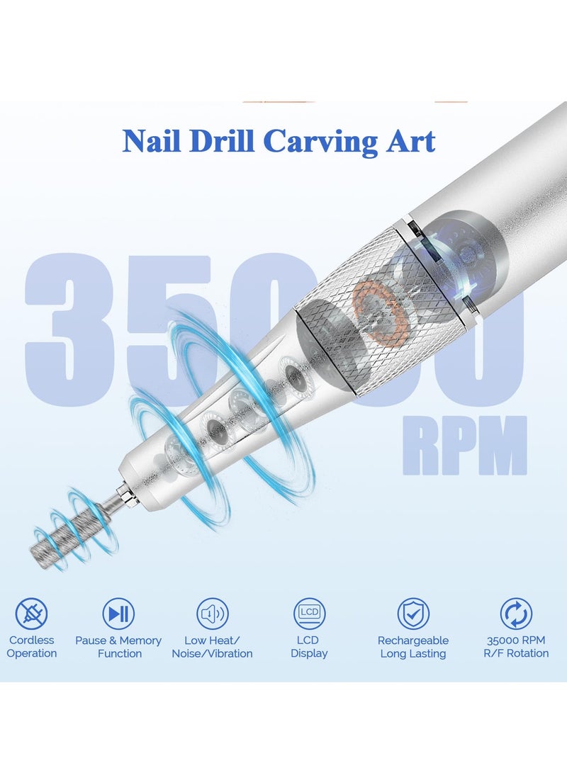 KASTWAVE Cordless Nail Drill Professional 35000 RPM, Rechargeable Electric Nail File Machine E File for Acrylic Nails Gel Polishing Removing, Portable Efile with Bits Kit for Manicure, Silver - Image 2