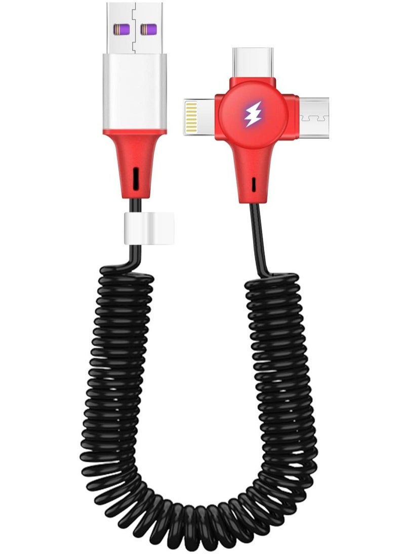 Multi Charging Cable for Apple CarPlay Expansion Spring Coiled Cable Three in One Multi Retractable Cable with Micro USB IP Type C Connectors for Android A-pple Samsung - Image 1