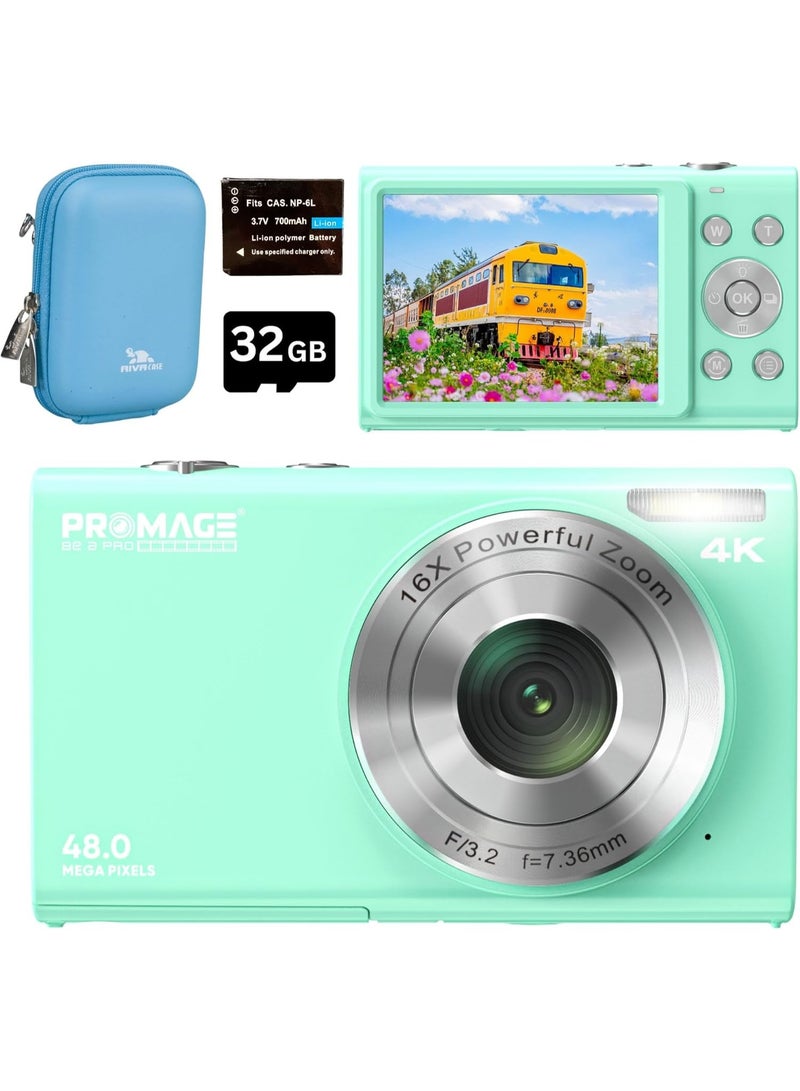 برو ميج كاميرا رقمية PROMAGE PC105 أخضر - كاميرا مدونات فيديو بدقة 48 ميجابكسل و4K UHD مع تركيز تلقائي، ومضاد للاهتزاز، وتقريب رقمي 16X وحقيبة ريفا 7023 | كاميرا مدمجة للتصوير والتصوير بالفيديو مع وظيفة كاميرا الويب ودعم 256 جيجابايت - Image 1