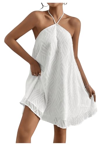 MakeMeChic Women's White Mini Dress Summer Backless Halter Beach Flowy Short Dress White Medium - Image 1