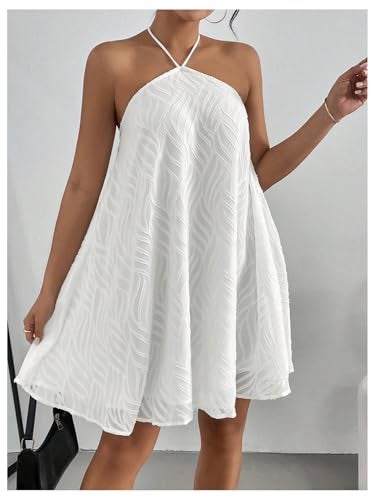 MakeMeChic Women's White Mini Dress Summer Backless Halter Beach Flowy Short Dress White Medium - Image 3