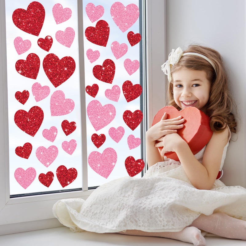 Whaline 6 Sheets Glitter Hearts Window Clings Valentine's Day Decor Reusable Love Hearts Window Stickers for Wedding Anniversary Home Party Supplies - Image 2