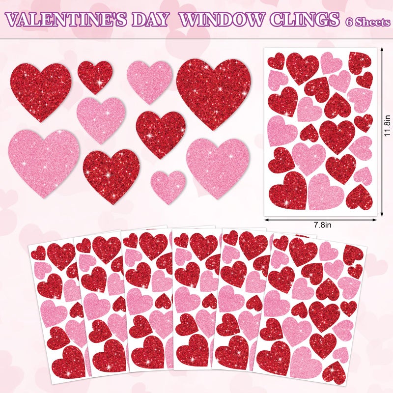 Whaline 6 Sheets Glitter Hearts Window Clings Valentine's Day Decor Reusable Love Hearts Window Stickers for Wedding Anniversary Home Party Supplies - Image 4