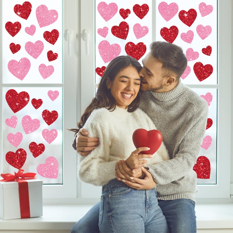 Whaline 6 Sheets Glitter Hearts Window Clings Valentine's Day Decor Reusable Love Hearts Window Stickers for Wedding Anniversary Home Party Supplies - Image 5