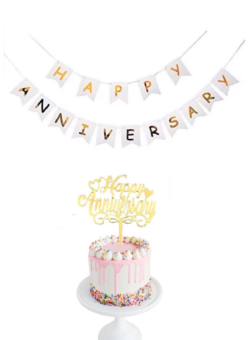 Happy Anniversary Acrylic Golden cake Topper With Banner And Balloons - Image 2