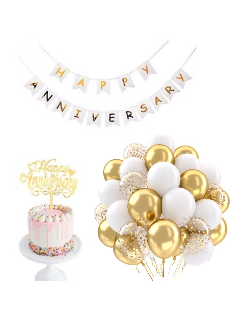 Happy Anniversary Acrylic Golden cake Topper With Banner And Balloons - Image 1