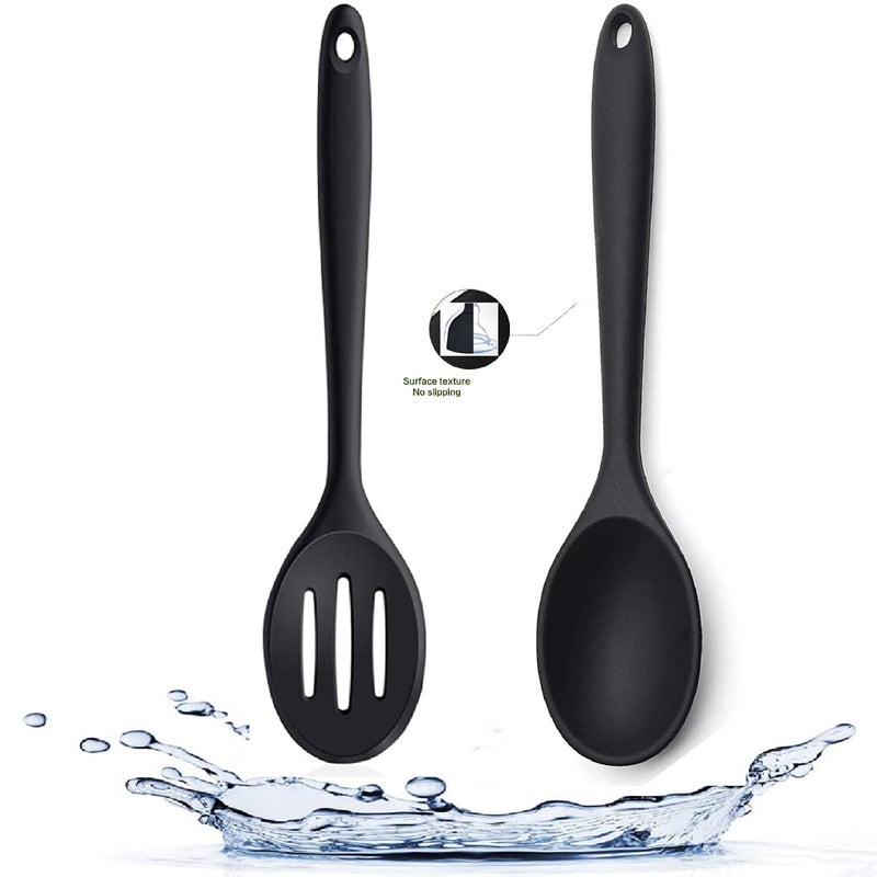 Armrouns 2PCS Silicone Nonstick Spoons Heat Resistant BPA Free Ergonomic Long Handle Wide Bowl Black