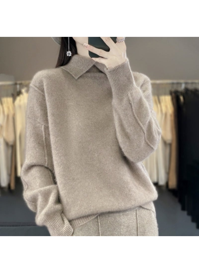 Generic - 2023 Autumn/Winter New Lapel Pure Wool Sweater Womens Loose-Fit Solid Color Thickened Pullover Base Knitted Top Stylish Camel - Image 1