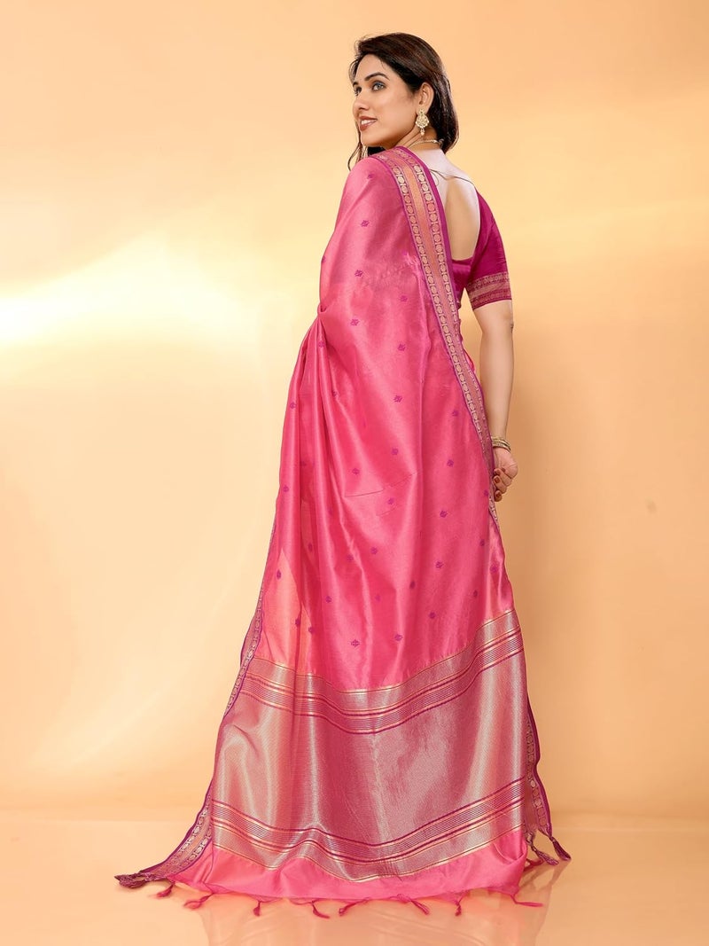 Sidhidata ساري سيدي داتا النسائي من القطن الحريري الوردي مع قطعة بلوزة غير مخيطة - Image 3