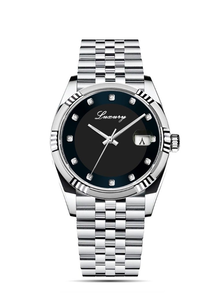 ساعة يد رجالية ستيل - شكل رولكس ضد الماء وبجوة عالية سوار فضي مع ميناء أسود