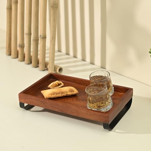 BRICK BROWN ® Premium Wooden Serving Tray/Platter with Black Metal Stand (Mahogany Finish, 13x8 Inch) - Image 1