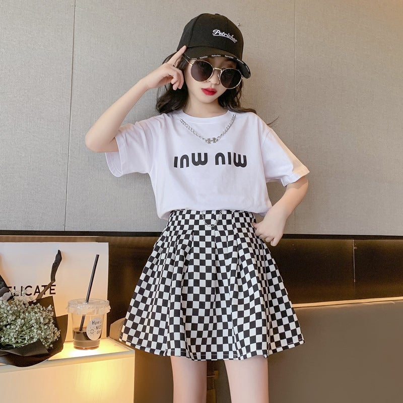 Girls Summer Casual Dress Set Korean T-shirt Checkered Skirt White - Image 1