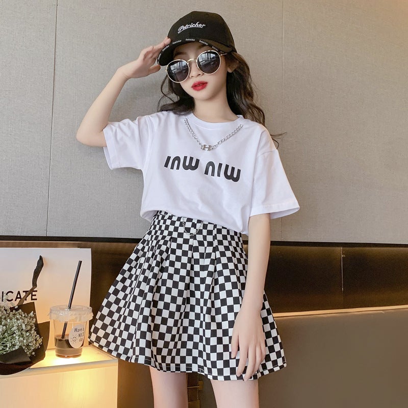 Girls Summer Casual Dress Set Korean T-shirt Checkered Skirt White - Image 3