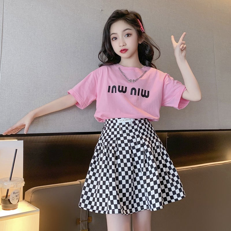 Girls Summer Casual Dress Set Korean T-shirt Checkered Skirt White - Image 2
