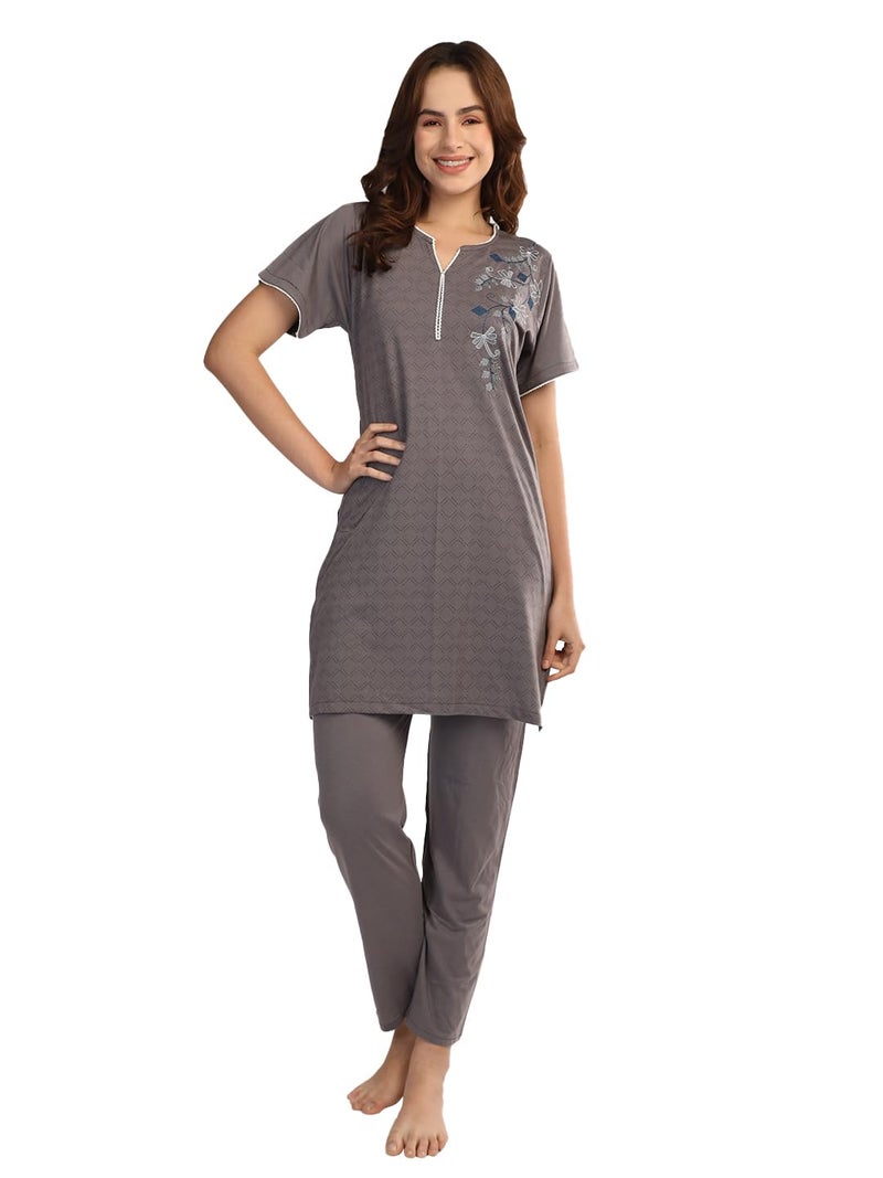 Duchess Women's Cotton Embroided Long Length Night Suit Set - Image 1