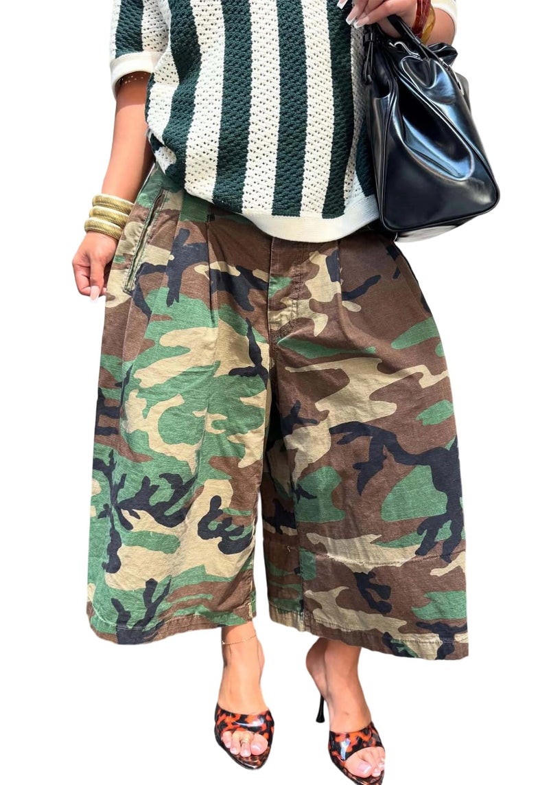 NRTHYE Womens Camo Cargo Jeans Army Fatigue Baggy Wide Leg High Waist Capris Camouflage Trousers Bermuda Boyfriend Pants - Image 1