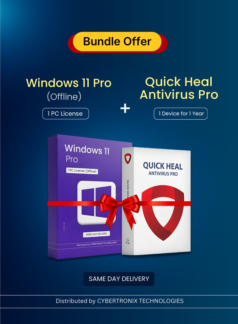 Windows 11 Pro ( 1 PC Offline License ) | Quick Heal Antivirus Pro (1 Device, 1 Year) | Digital License | Same Day Delivery | Bundle Pack