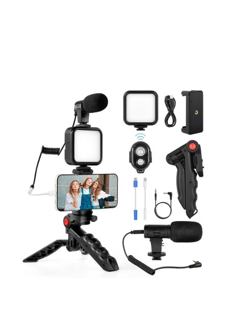 مجموعة مدونات الفيديو لأجهزة آيفون وأندرويد (مع حامل ثلاثي)، مع ضوء فيديو LED صغير + ميكروفون قلبي + مشبك هاتف + حامل ثلاثي القوائم للبث المباشر ومكالمات الفيديو ومدونات الفيديو ويوتيوب