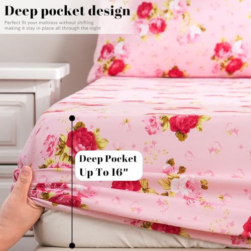 Bedlifes مجموعة ملاءات سرير توأم من Bedlifes فائقة النعومة، قابلة للتنفس، مزينة بأزهار حريرية، بجيب عميق، 100% ميكروفايبر، 3 قطع، حجم توأم، زهور وردية (وردة حمراء) - Image 5