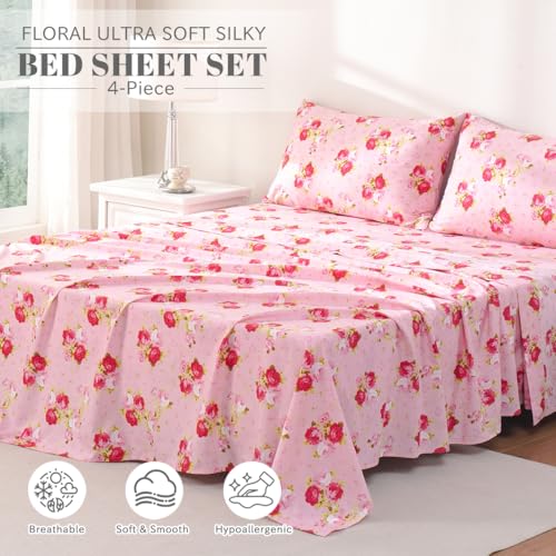 Bedlifes مجموعة ملاءات سرير توأم من Bedlifes فائقة النعومة، قابلة للتنفس، مزينة بأزهار حريرية، بجيب عميق، 100% ميكروفايبر، 3 قطع، حجم توأم، زهور وردية (وردة حمراء) - Image 2