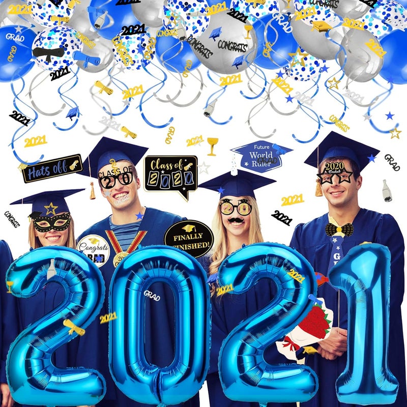 Konsait 2021 Graduation decorations 40Inch Number 2021 Balloons Mylar Latex Balloon Hanging Swirls ConfettiPhoto Booth Props for Black and Blue Grad Graduation Party Decorations Favors Supplies - Image 5