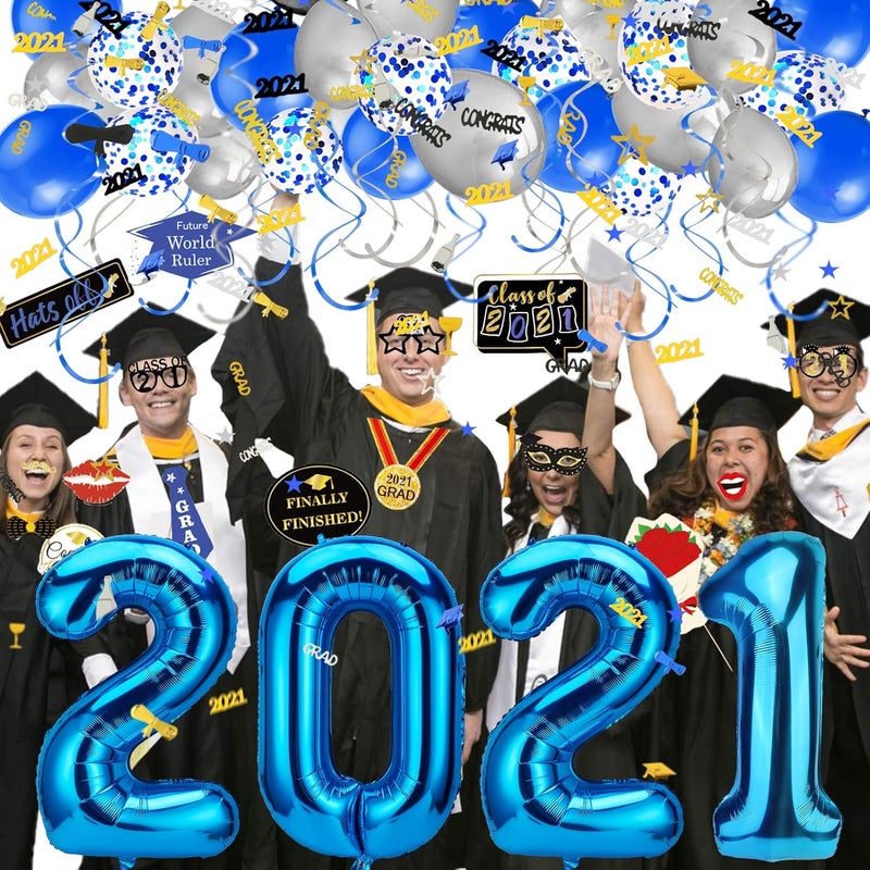 Konsait 2021 Graduation decorations 40Inch Number 2021 Balloons Mylar Latex Balloon Hanging Swirls ConfettiPhoto Booth Props for Black and Blue Grad Graduation Party Decorations Favors Supplies - Image 4