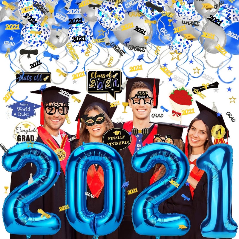 Konsait 2021 Graduation decorations 40Inch Number 2021 Balloons Mylar Latex Balloon Hanging Swirls ConfettiPhoto Booth Props for Black and Blue Grad Graduation Party Decorations Favors Supplies - Image 1