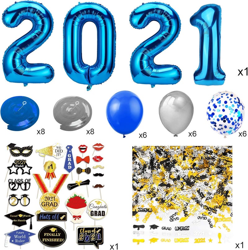 Konsait 2021 Graduation decorations 40Inch Number 2021 Balloons Mylar Latex Balloon Hanging Swirls ConfettiPhoto Booth Props for Black and Blue Grad Graduation Party Decorations Favors Supplies - Image 3