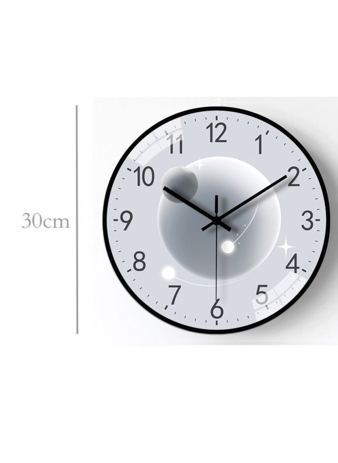 Generic - Fruit color series planet clock face creative wall clock 30CM - Gray planet dial, black frame mute movement, high transparent glass - Image 1