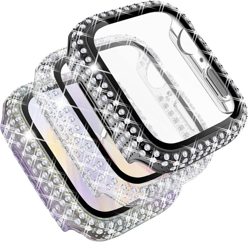FULLIFE 3-Pack Crystal Diamond Bling Cases Replacement Compatible with Apple Watch 38mm 40mm 42mm 44mm Protective Bumper with Tempered Glass Protector for iWatch Series 6 5 4 3 2 1 SE - Image 1