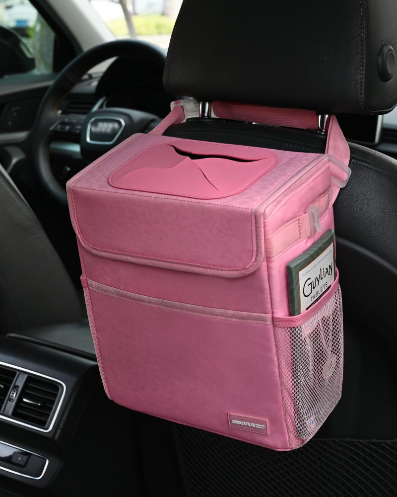 SIBOFUEGO Car Trash Can Cute - Multifunctional Interior Car Accessory for Women, Car Organizer and Storage with Adjustable Straps, Car Stuff Storage 2 Gallons (Leopard-Print Pink) - Image 3