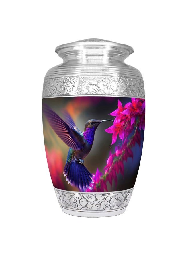 NANIURN Flying Hummingbird Cremation Urn, Silver Engraved Urns for Human Ashes Adult, Display at Niche at Columbarium, Aluminum Funeral Urn for Women & Men, Purple & Pink Flower -Large Decorative Urns - Image 1
