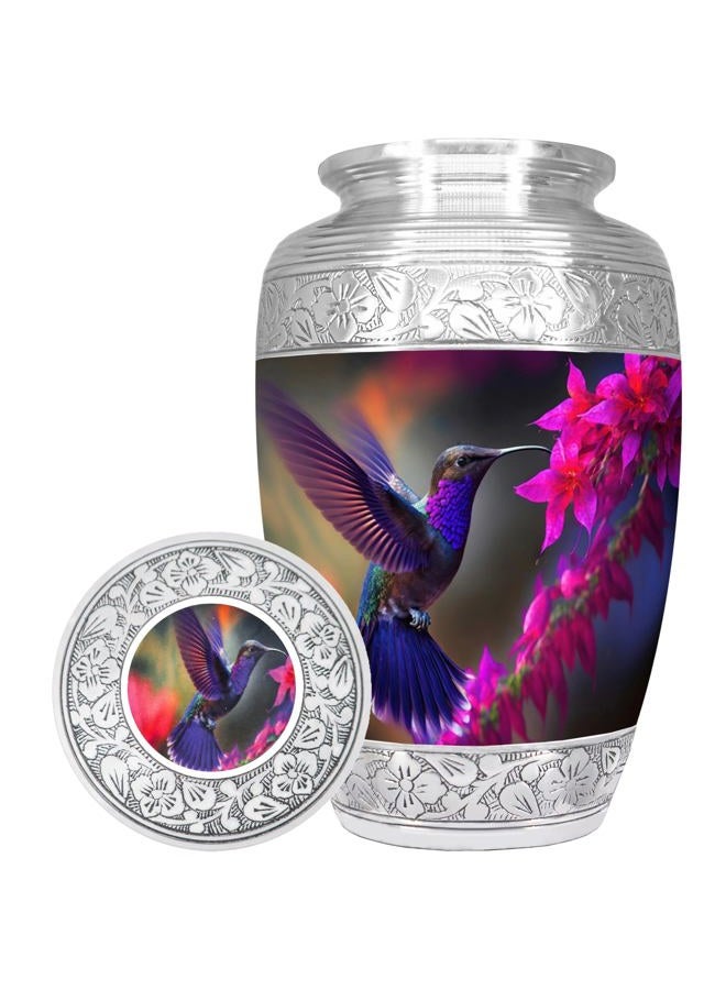 NANIURN Flying Hummingbird Cremation Urn, Silver Engraved Urns for Human Ashes Adult, Display at Niche at Columbarium, Aluminum Funeral Urn for Women & Men, Purple & Pink Flower -Large Decorative Urns - Image 4