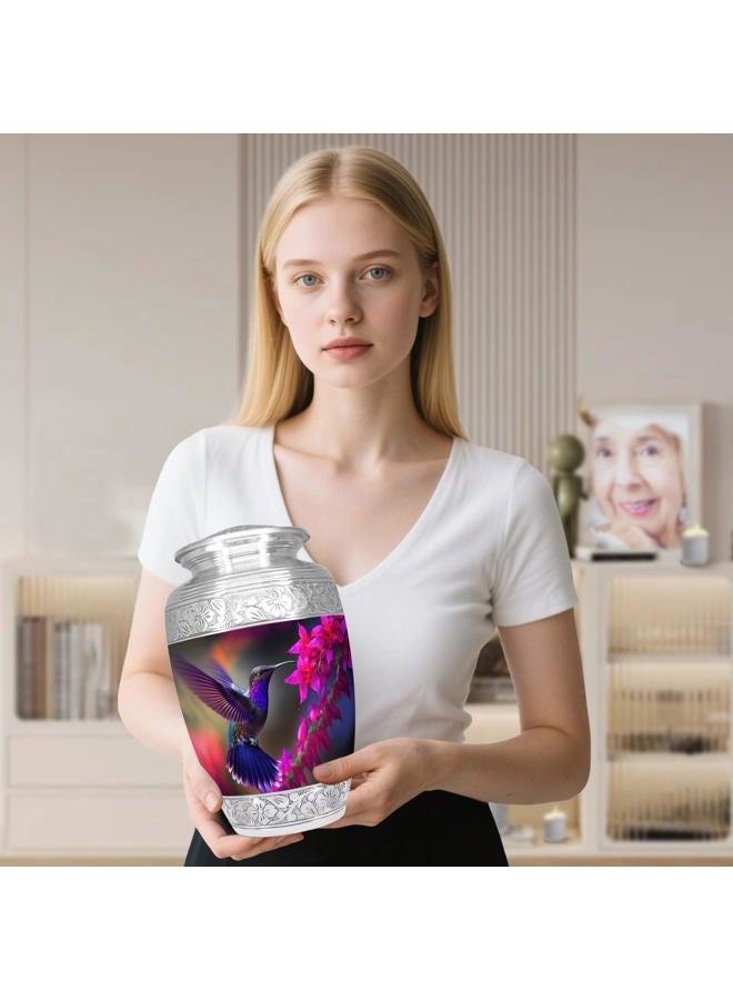 NANIURN Flying Hummingbird Cremation Urn, Silver Engraved Urns for Human Ashes Adult, Display at Niche at Columbarium, Aluminum Funeral Urn for Women & Men, Purple & Pink Flower -Large Decorative Urns - Image 3