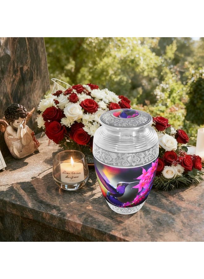 NANIURN Flying Hummingbird Cremation Urn, Silver Engraved Urns for Human Ashes Adult, Display at Niche at Columbarium, Aluminum Funeral Urn for Women & Men, Purple & Pink Flower -Large Decorative Urns - Image 5
