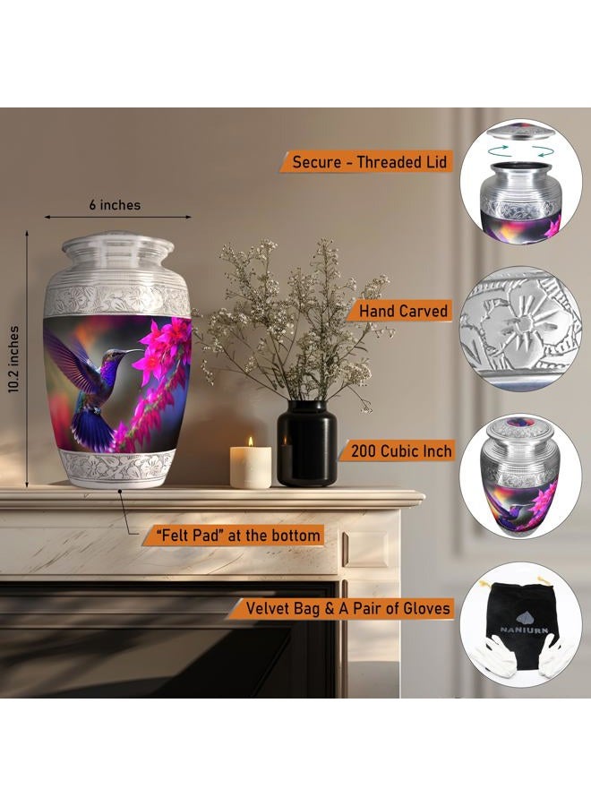 NANIURN Flying Hummingbird Cremation Urn, Silver Engraved Urns for Human Ashes Adult, Display at Niche at Columbarium, Aluminum Funeral Urn for Women & Men, Purple & Pink Flower -Large Decorative Urns - Image 2