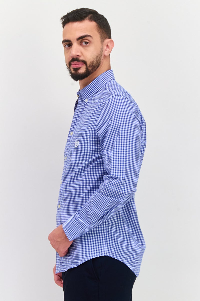Chaps Men Regular Fit Micro Checkered Long Sleeve Casual Shirt, Blue - Image 2