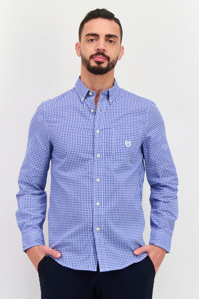 Chaps Men Regular Fit Micro Checkered Long Sleeve Casual Shirt, Blue - Image 1