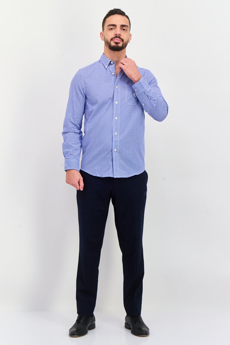 Chaps Men Regular Fit Micro Checkered Long Sleeve Casual Shirt, Blue - Image 3